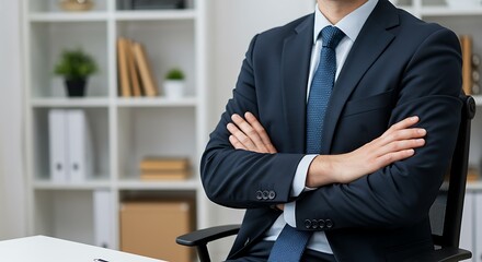 Professional businessman in a dark suit and blue tie, sitting with arms crossed in a modern office environment with shelves in the background.