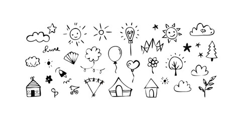 Playful doodle elements with nature and celestial motifs