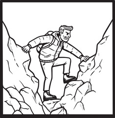 Cartoon man climbing steep rocky mountain with backpack hiker
