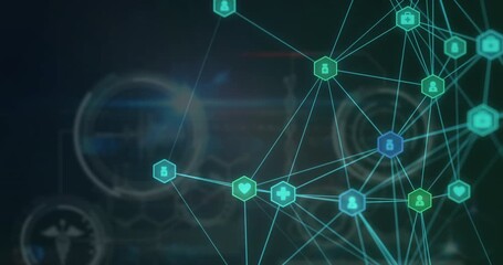 Globe of medical icons over digital interface with data processing against blue background - Powered by Adobe