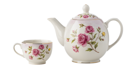 Elegant white porcelain teapot and teacup set featuring a delicate pink rose floral pattern and gold trim, isolated on a transparent background
