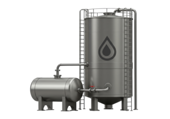 Isolated steel industrial storage tank with ladder, piping, and oil droplet symbol design