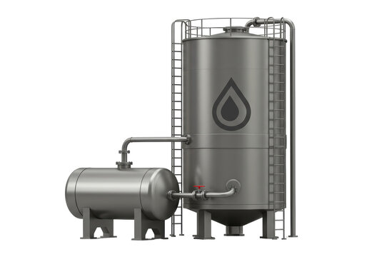 Isolated steel industrial storage tank with ladder, piping, and oil droplet symbol design