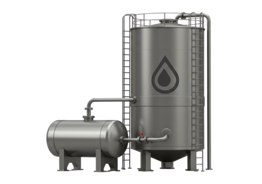Isolated steel industrial storage tank with ladder, piping, and oil droplet symbol design