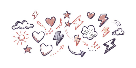 Retro doodle elements hearts stars lightning doodles