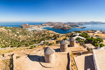 The windmills of Chora in Patmos, Greece
