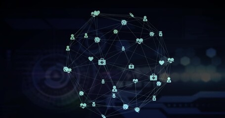 Globe of medical icons over digital interface with data processing against black background - Powered by Adobe