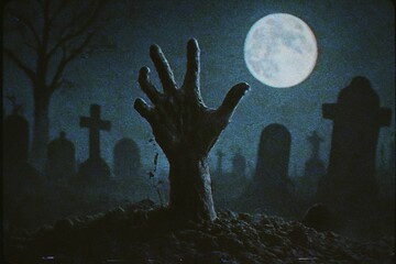 Zombie Hand Rising Out Of A Grave, Spooky Halloween Night, 90's Horror Movie Style