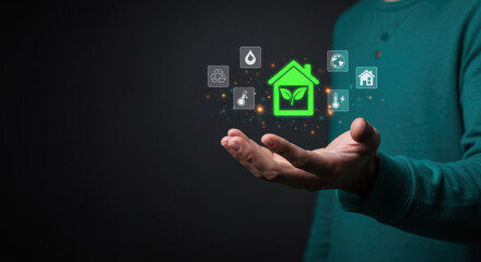 Person holding holographic icons for eco-friendly living and sustainability eco friendly