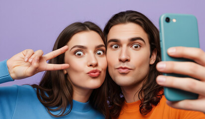 A playful and silly couple takes a selfie, making funny faces with wide eyes and puckered lips, a fun and modern expression of their relationship.