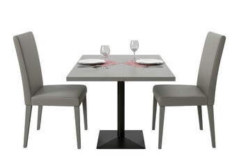 Isolated Table setting with plates and glasses, paired with modern restaurant chairs