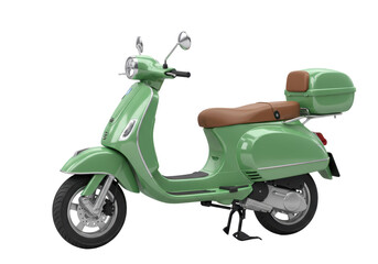 Isolated green classic scooter with brown seat and trunk, retro style, elegant design