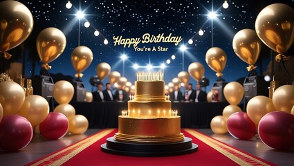 Celebrate success with a dazzling golden birthday cake and balloons under the spotlight