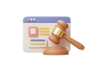 Isolated online legal service website with a gavel in front, law and legislation concept