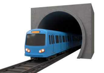 Isolated subway train exiting tunnel, underground public transportation vehicle concept