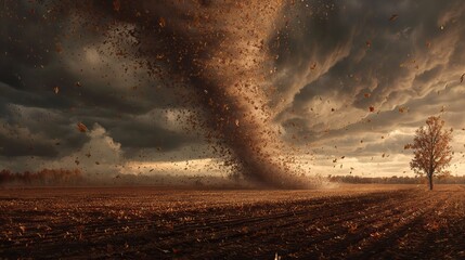 Tornado Made Entirely of Swirling Autumn Leaves Over Countryside