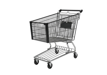 Isolated black metal shopping cart on floor stands in a simple studio lighting setup