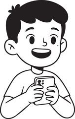 Cheerful boy holding a smartphone and looking at the screen with a wide smile child happy