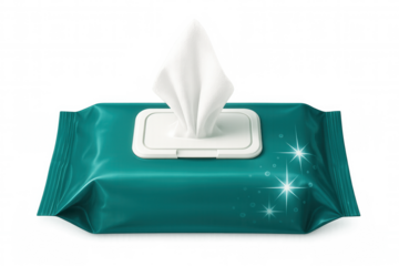 Wet wipes flowing from transparent packaging with single sheet emerging cleanly