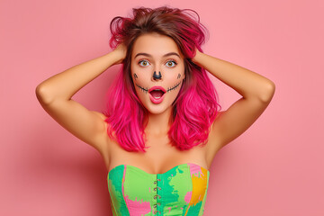 A surprised girl with pink hair, flaunting her distinctive fashion style, gazes in amazement at the blank space ideal for a Halloween card.