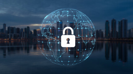 Global cybersecurity network protection with padlock for data privacy and secure connection online world