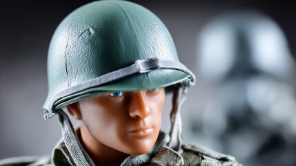 Soldier figurine, with helmet and uniform, stands posed