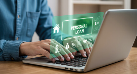 Person using laptop with personal loan and financial icons on digital display finance money