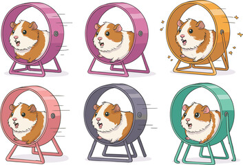 Cartoon guinea pig running in exercise wheel, energetic pet character, motion scene, colorful design, stock illustration, playful activity