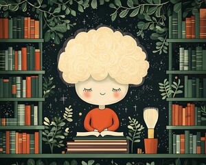 Smiling Person with Fluffy Hair Reading Amid Bookshelves and Plants