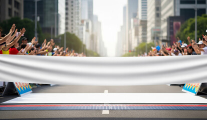 A crowd of people participating in a marathon or protest on a city street, holding up a large, blank white banner for a custom message, slogan, or logo