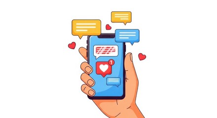 Hand holding a smartphone displaying a heart icon and chat bubbles
