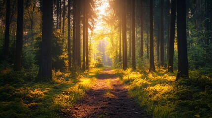 A sunlit path winds through a dense forest, sunlight streaming through the trees creating a magical glow.