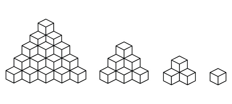 Geometric isometric cubes stacked in decreasing pyramid shapes on white background abstract arrangement