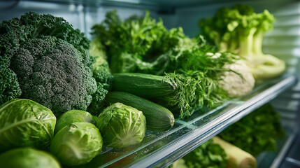 Fresh vegetables arranged neatly in a refrigerator with green hues  
