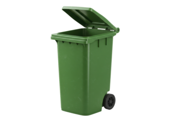 Isolated green recycling bin is standing and has its hinged lid open for discarding waste