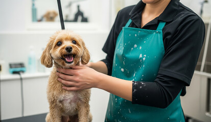 A close-up of a professional female dog groomer in a green apron, gently holding a cute, fluffy, and happy poodle puppy.