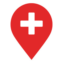 Obraz premium Red Location Pin Icon with White Plus Symbol Inside on White Background marker pointer