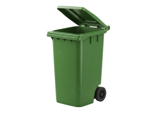Isolated green recycling bin is standing and has its hinged lid open for discarding waste