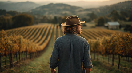 Man walking through vineyard with hat at sunset in autumn  