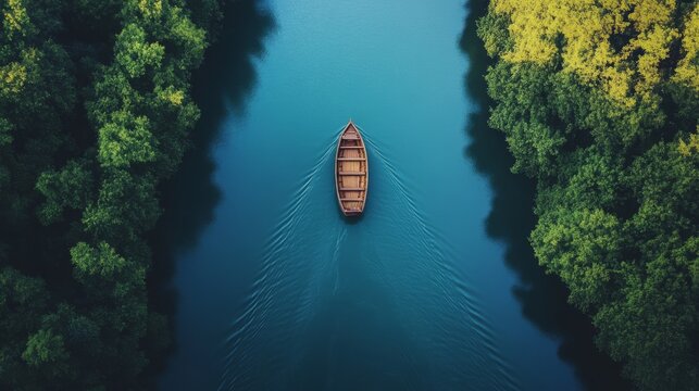 An aerial view of a small wooden boat navigating a narrow channel through lush green trees.