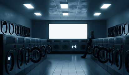 A blank white screen is mounted on the wall of a dark, modern laundromat, with a person's silhouette in the background, offering a unique mockup for advertising.