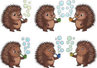 Cartoon hedgehogs blowing bubbles, cute animal illustration, playful character art, kids activity image, stock drawing, nature theme