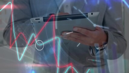 Data processing over mid section of caucasian businessman using digital tablet - Powered by Adobe