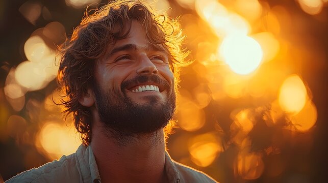 A happy man with curly hair and a beard smiles looking up into the warm golden sunlight filtering through blurred leaves