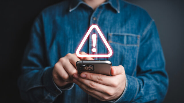Mobile phone warning alert notification error message on smartphone security risk danger virus scam 100