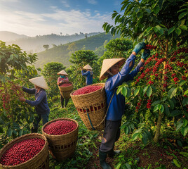 Female farmer workers are harvesting coffee on a coffee plantation.
