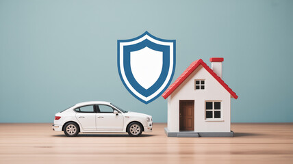 Home and auto insurance coverage concept protecting house and car with shield for financial security
