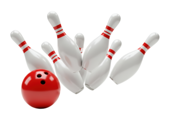 Isolated red bowling ball hits pins, tenpin bowling sport equipment strike throw shot