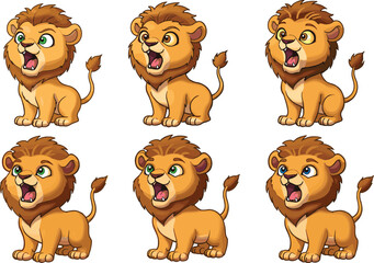 Cartoon lion cub expressions, roaring animal character, emotional poses, kids illustration, stock image, jungle theme, expressive art