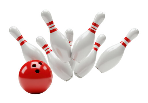 Isolated red bowling ball hits pins, tenpin bowling sport equipment strike throw shot